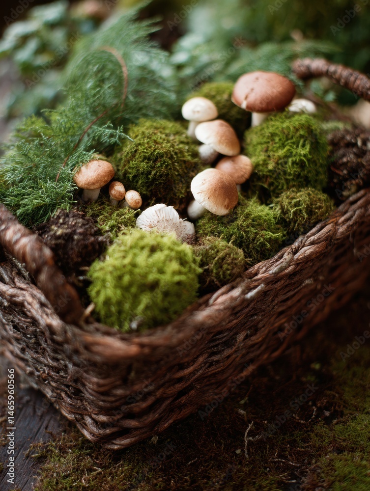 Poster rustic basket overflowing with various mushrooms, green moss, and dark soil in a natural setting gen