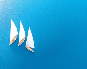 Three white sailboats gracefully sail across a vibrant blue ocean, creating a serene and peaceful scene