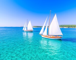 Two classic sailboats glide across a tranquil, turquoise sea under a brilliant blue sky