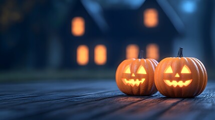 Fototapeta premium Two illuminated jack-o'-lanterns sit on a weathered wood surface before a spooky house at night