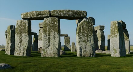 Fototapeta premium A digital rendering of Stonehenge, showing large upright stones with horizontal lintels. The perspective highlights the monument's weathered texture.