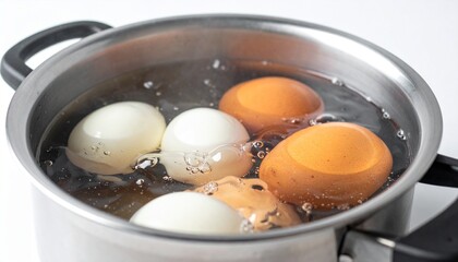 Boiled eggs in boiling water in a pan, close-up, smooth depth, white background, clean cooking process