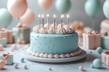 Birthday cake with candles and decorations surrounded by gifts and balloons for celebration.