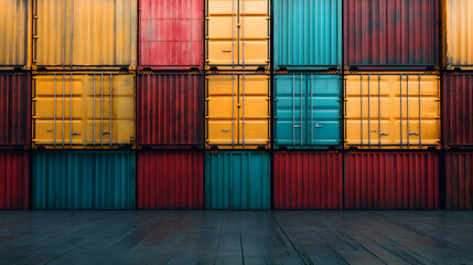 Fototapeta premium Stacked colorful shipping containers form a wall against a blurred wooden floor.