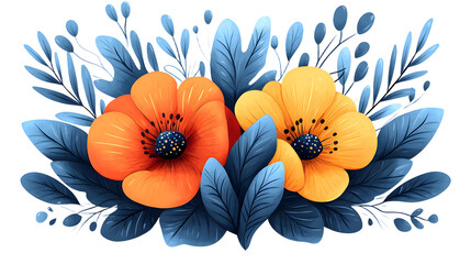 Fototapeta premium Vibrant Floral Arrangement Featuring Bright Orange and Yellow Blooms Surrounded by Greenery