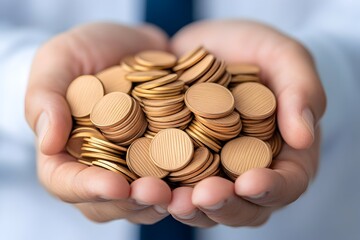 A person's hands carefully hold a large pile of gold coins, symbolizing wealth and prosperity