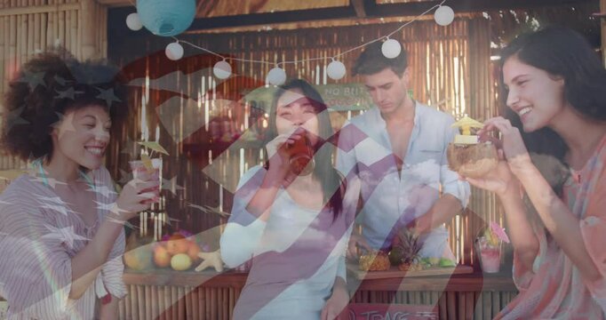 Friends sipping cocktails at bamboo tiki bar, showcasing hospitality marketing with fruit icons