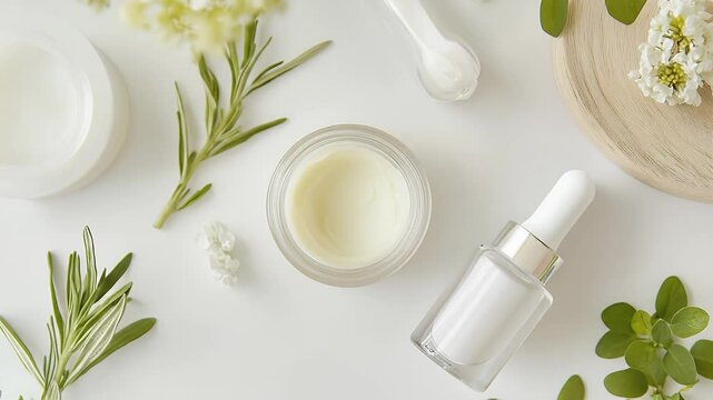 Elevated Still Life Of Skincare Products on White Background Cream Serum Bottle and Floral Accents For Adobe Stock