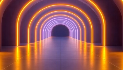 Fototapeta premium Glowing neon arches create an endless tunnel, reflecting on a polished floor. The vibrant colors illuminate the dark space