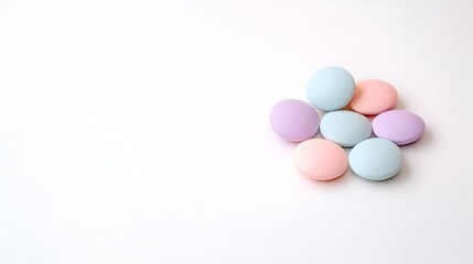 Pastel-colored round pills arranged in a cluster on a white background