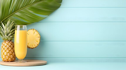 Refreshing pineapple juice in a glass, next to a whole pineapple and a pineapple slice, on a wooden board against a light blue wood background.  A palm leaf adds tropical flair