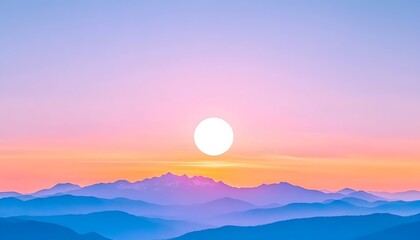 Fototapeta premium Serene sunset over a range of hazy, blue mountains, the sun a bright white disc above the horizon