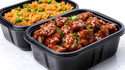 Two black takeout containers; one holds savory meat in a glossy sauce, the other contains rice and peas