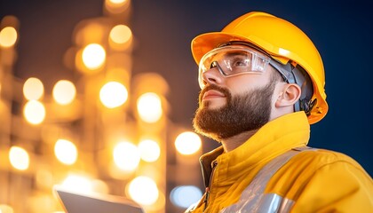 A bearded man in a yellow hard hat and safety glasses looks thoughtfully at a nighttime industrial scene