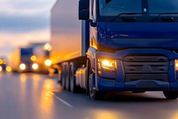 A blue semi-truck leads a convoy at dusk, headlights illuminating the highway ahead.  The scene evokes a sense of journey and transportation