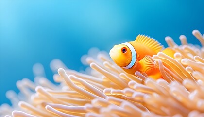 Vibrant orange fish nestled amongst delicate, pale sea anemone tentacles against a bright blue backdrop