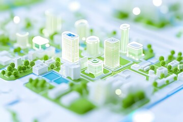 A futuristic city model showcases eco-friendly urban design, integrating green spaces and efficient infrastructure