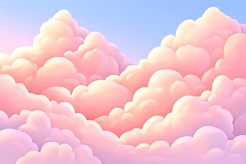 A dreamy landscape of fluffy, pastel pink and orange clouds against a soft blue sky.  Perfect for backgrounds
