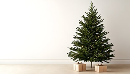 A decorated Christmas tree stands against a white wall, adorned with warm lights and accompanied by presents