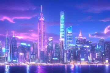 Vibrant cityscape at twilight, illuminated by neon lights reflecting on calm water. Skyscrapers of varying heights create a dramatic skyline