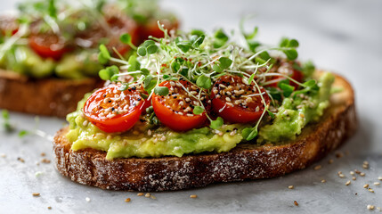 Smashed Avocado Toast on Sourdough Bread Topped with Cherry Tomatoes, Microgreens, and Sesame Seeds in Bright Natural Light (AI Image)