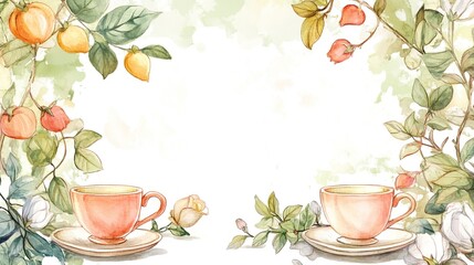 Watercolor floral teacups, framed by blooming vines and fruits