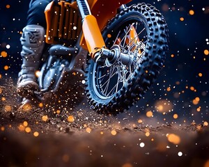 A dirt bike in motion, kicking up dirt and sparks, showcasing dynamic action and speed