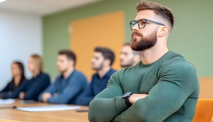 A focused man with arms crossed, attentively listens during a business meeting; colleagues blurred in the background