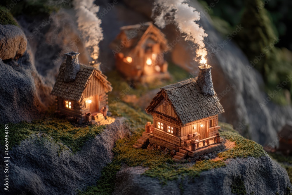 Poster cozy tiny mountain cabins with glowing windows and smoke rising from chimneys nestled in a serene wi