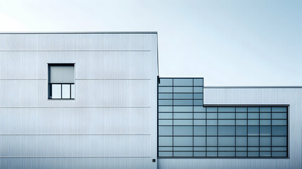 Modern building exterior with geometric shapes and a small window against a blue sky.