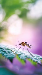 Detailed shot of a mosquito resting on a vibrant green leaf showcasing the intricate details and delicate nature of this small insect in its natural environment