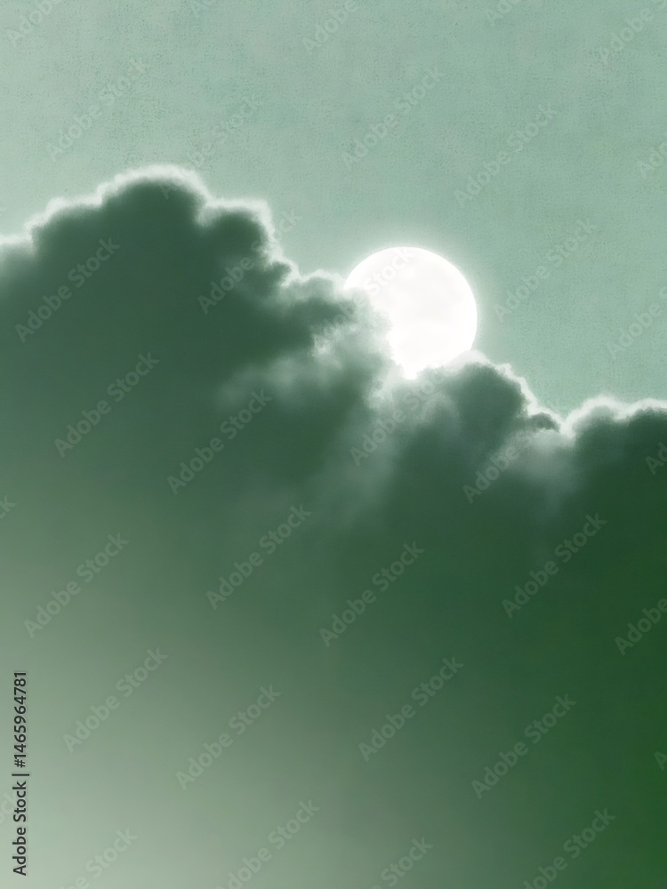 Aufkleber 幻想的な緑色の空に浮かぶ月と雲のシルエット 夜の静寂と自然の美しさを表現