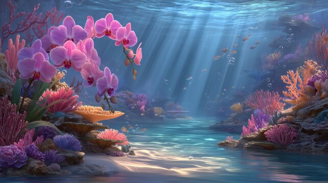 Sunbeams illuminate a vibrant underwater scene filled with coral reefs, colorful orchids, and flourishing marine life.