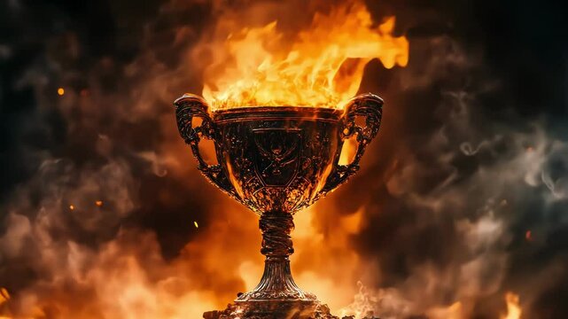 Fiery trophy engulfed in flames, dramatic lighting, smoky background