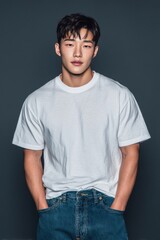 Fototapeta premium A young man stands confidently against a dark background, wearing a plain white t-shirt and jeans with his hands in his pockets.