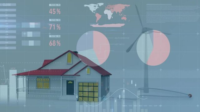 3D-rendered house model showing wind turbine model with data overlays pie charts line graphs