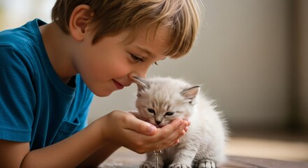 Cute boy and kitten adorable friendship moment child pet love animal care domestic feline happy together kid