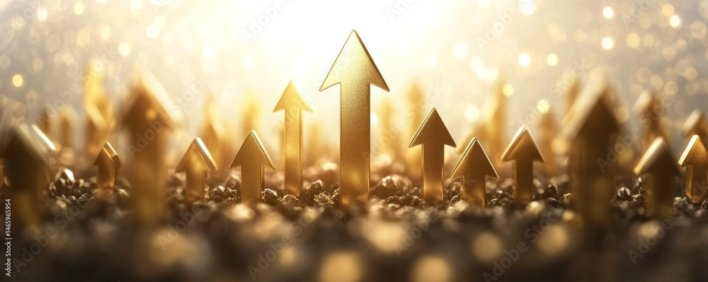 Poster a row of gold arrows pointing upwards. the arrows are all lined up in a row, with some of them point