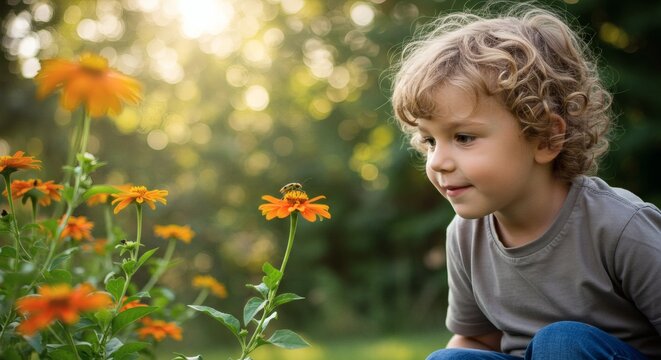 Naklejki Cute child watching bee on orange flower in garden nature photography for kids and wildlife lovers