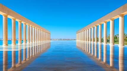 Classic Columns Reflecting in Water with Blue Sky
