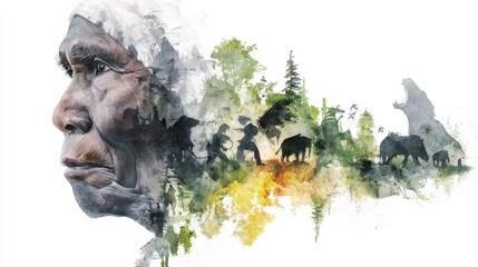 A striking portrait where the human form seamlessly merges with the surrounding wilderness creating a poignant dreamlike composition that evokes a sense of and connection with the natural environment