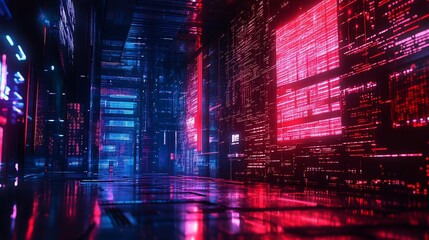 Naklejka premium Abstract futuristic city with red and blue neon lights and reflective floor creating a digital atmosphere