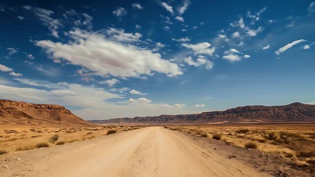 Desert Landscape with a Dirt Road Under a Blue Sky Featuring Distant Rocky Hills and Arid Terrain in Sunny Weather