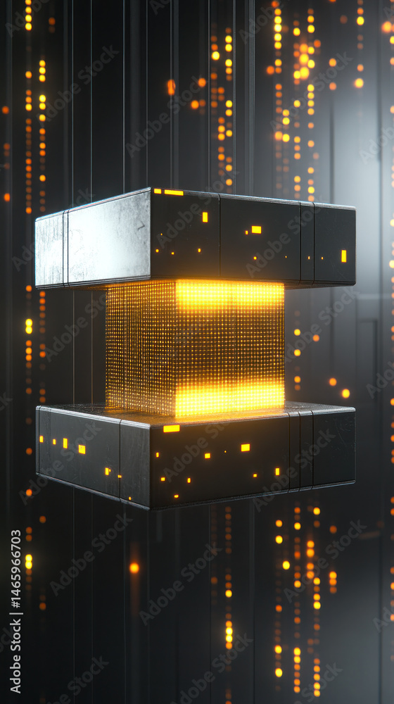 Poster a cube with a yellow light on it is suspended in the air. the cube is surrounded by a series of glow