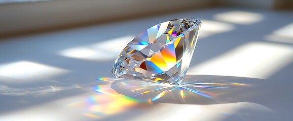 Sparkling gemstone displays rainbow refractions in sunlight