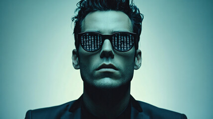 A man wearing sunglasses with a black suit and a black shirt. The sunglasses are black and have a white frame. The man is looking at the camera