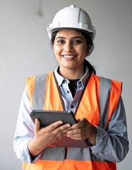 A confident female engineer smiles while holding a tablet
