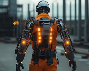 Futuristic figure in orange exoskeleton