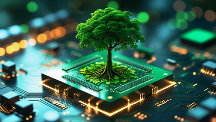 AI Ethics and Governance in Artificial Intelligence. Eco-Friendly Technology Concept with Tree on Microchip
