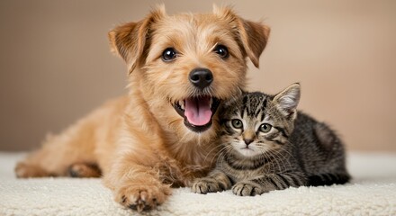 Adorable Brown Puppy and Grey Kitten Cuddling on White Surface